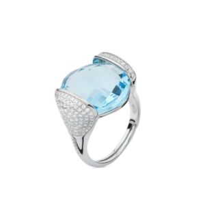 BAN073A Anello in argento con cristallo acquamarina grande e zirconi