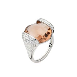BAN073T Anello in argento con cristallo peach grande e zirconi