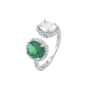 Anello con due zirconi circolari bianco e verde e zirconi