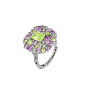 Anello regolabile con fiore di zirconi bianchi, rubino e verdi