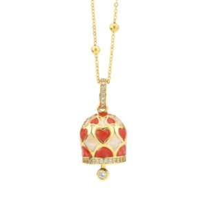 Collana campanella con cuori rosso corallo smaltati a mano e zirconi
