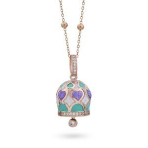 Collana placcata oro rosa con campanella portafortuna verde acqua e viola