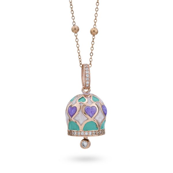 Collana placcata oro rosa con campanella portafortuna verde acqua e viola