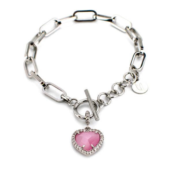 Bracciale a catena ovale con cuore di zirconi e pietra colorata