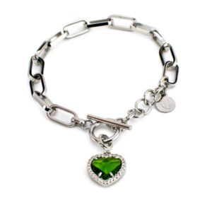 Bracciale a catena ovale con cuore di zirconi e pietra colorata