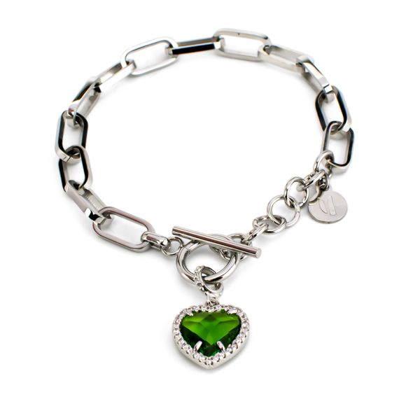 Bracciale a catena ovale con cuore di zirconi e pietra colorata