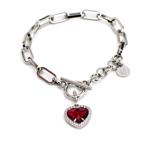 Bracciale a catena ovale con cuore di zirconi e pietra colorata