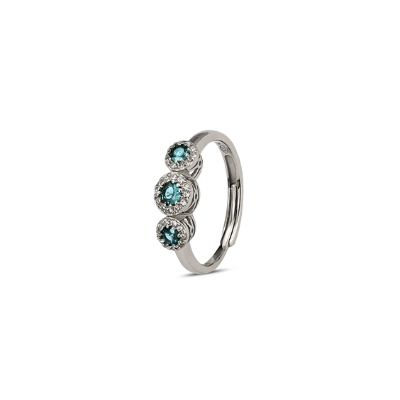 anello trilogy rodiato con zirconi bianchi e acquamarina