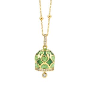 CL/GR06 Collana campanella con cuori verdi smaltati a mano e zirconi